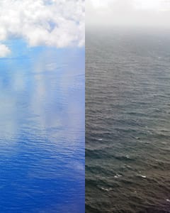 Rough Northern Pacific ocean is finally changed to the glassy tropical waters
